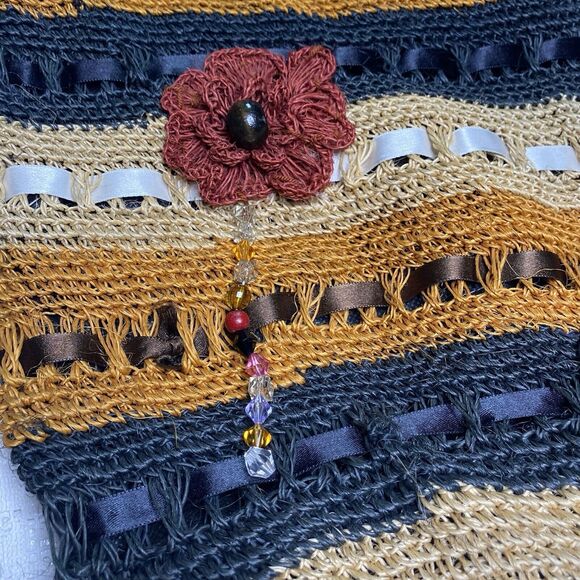 Straw Crossbody Bucket Purse Striped 3D Flower Bag Boho Cottagecore Black Brown - Picture 3 of 4